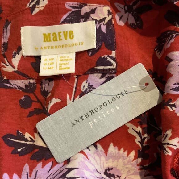 Anthropologie Maeve Puff-Sleeve Red Floral Midi Dress Size 12P - Picture 5 of 9